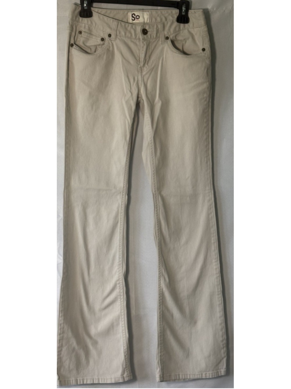 SO Khaki Pants Womens 5 Long Low Rise Bootcut Stretch Y2K Beige Chino Flare